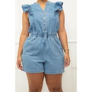 Eloquii Elements Size 20 Denim Romper Jumper Playsuit Cotton Blue Ruffle